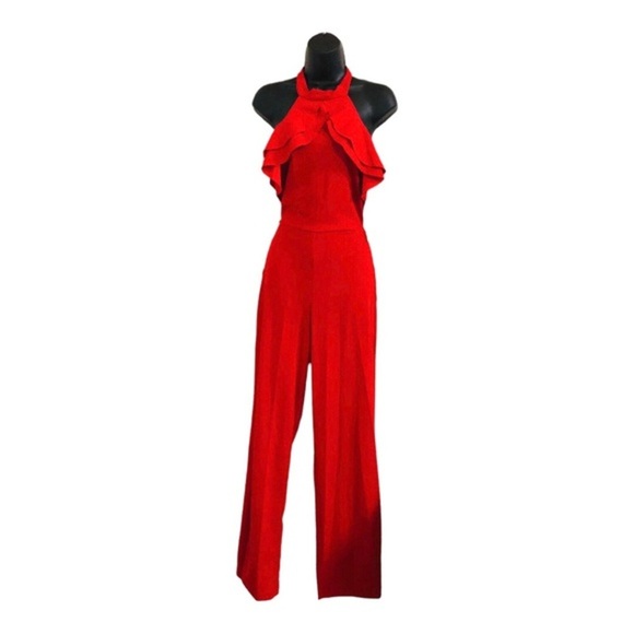 bebe Pants - Bebe red Ruffle front belted sleeveless open back Halter Jumpsuit size 2 new